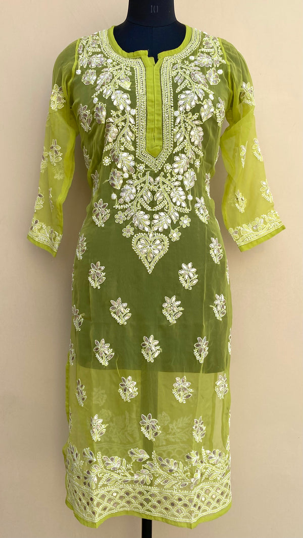 Lucknowi Chikankari Kurti Green Faux Georgette With Gotta Patti Work