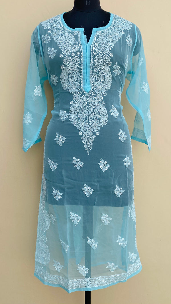 Lucknowi Chikankari Kurti Blue Faux Georgette