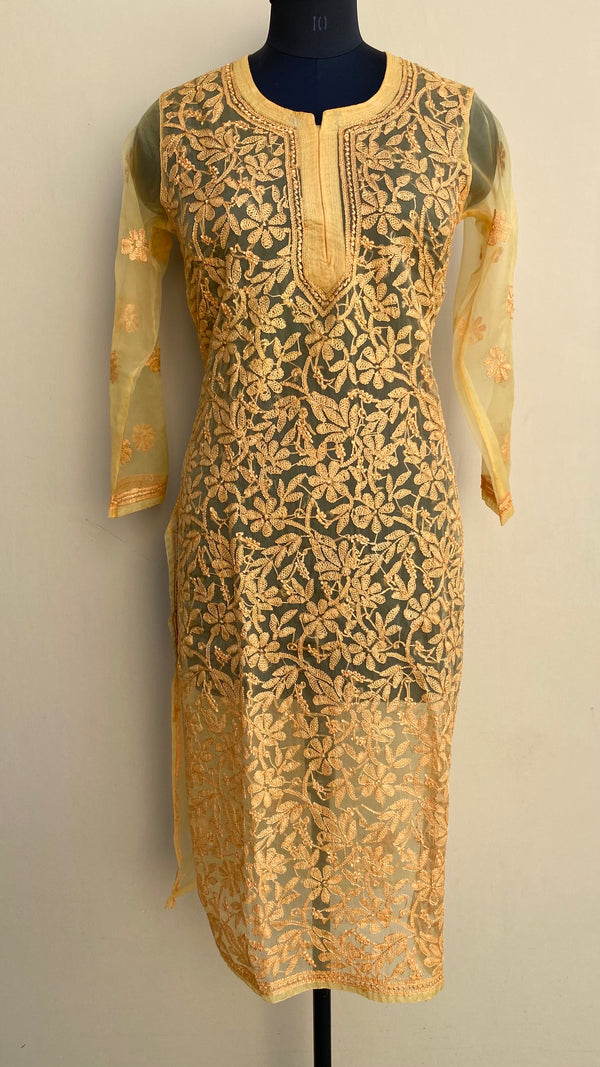 Lucknowi Chikankari Kurti Yellow Organza with Self work