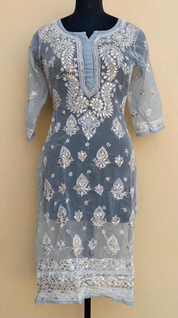 Lucknowi Chikankari Kurti Gray Faux Georgette With Gotta Patti Work