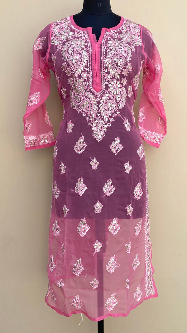 Lucknowi Chikankari Kurti Pink Faux Georgette With Gotta Patti Work