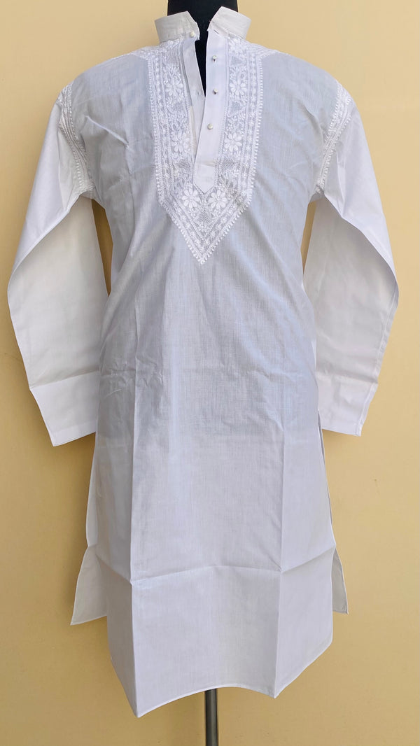 Lucknowi Chikankari Men’s Kurta White On White Cotton With Jali Work