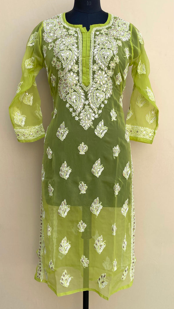 Lucknowi Chikankari Kurti Green Faux Georgette With Gotta Patti Work