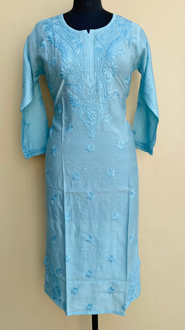 Lucknowi Chikankari Kurti Blue Mal Chanderi With Self Work