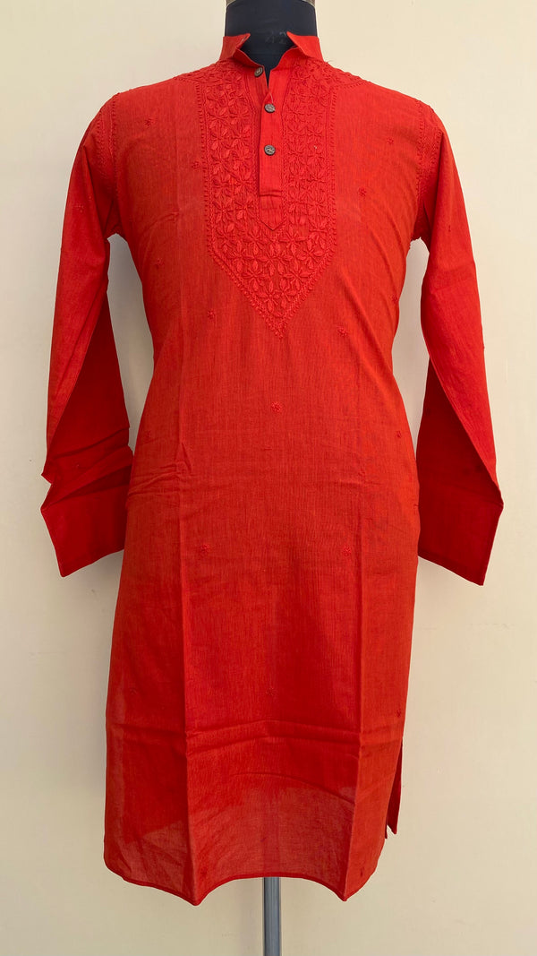 Lucknowi Chikankari Men’s Kurta Red Cotton