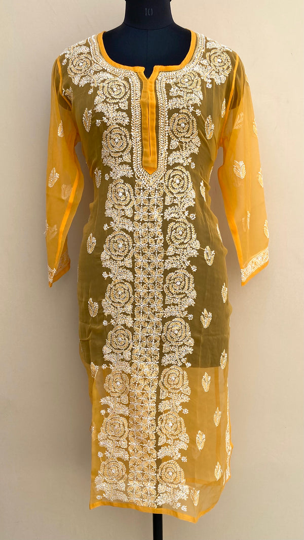 Lucknowi Chikankari Kurti Mustard Faux Georgette