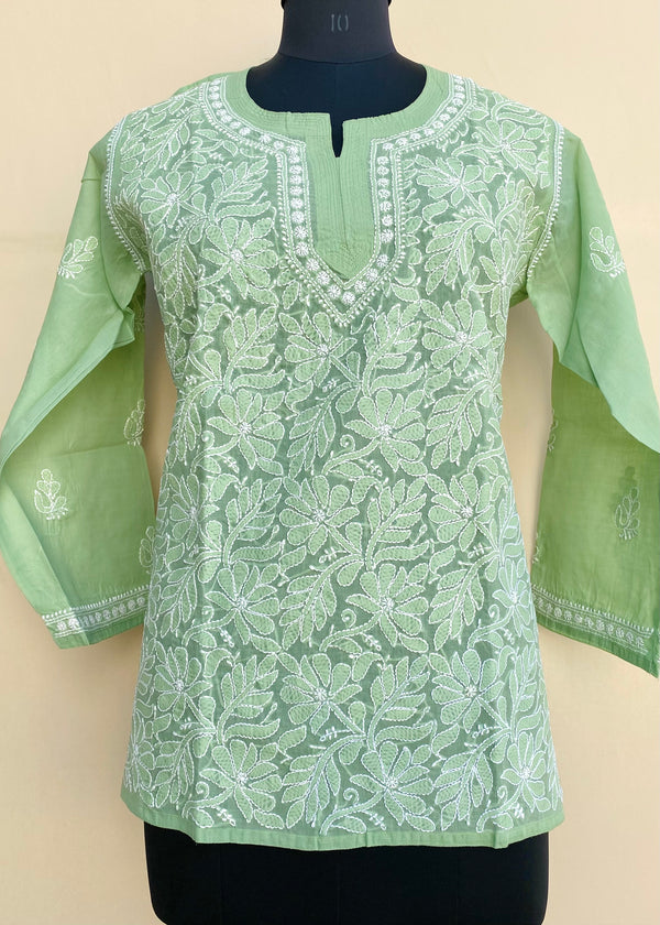 Lucknowi Chikankari Short Kurti Pista Green Cotton