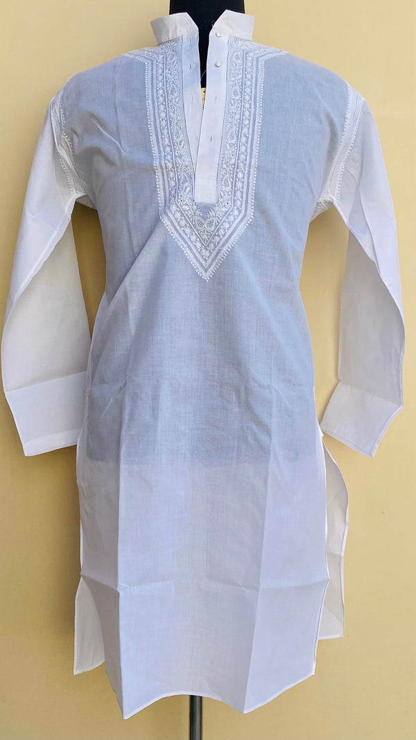 Lucknowi Chikankari Men’s Kurta White On White Cotton With Jali Work