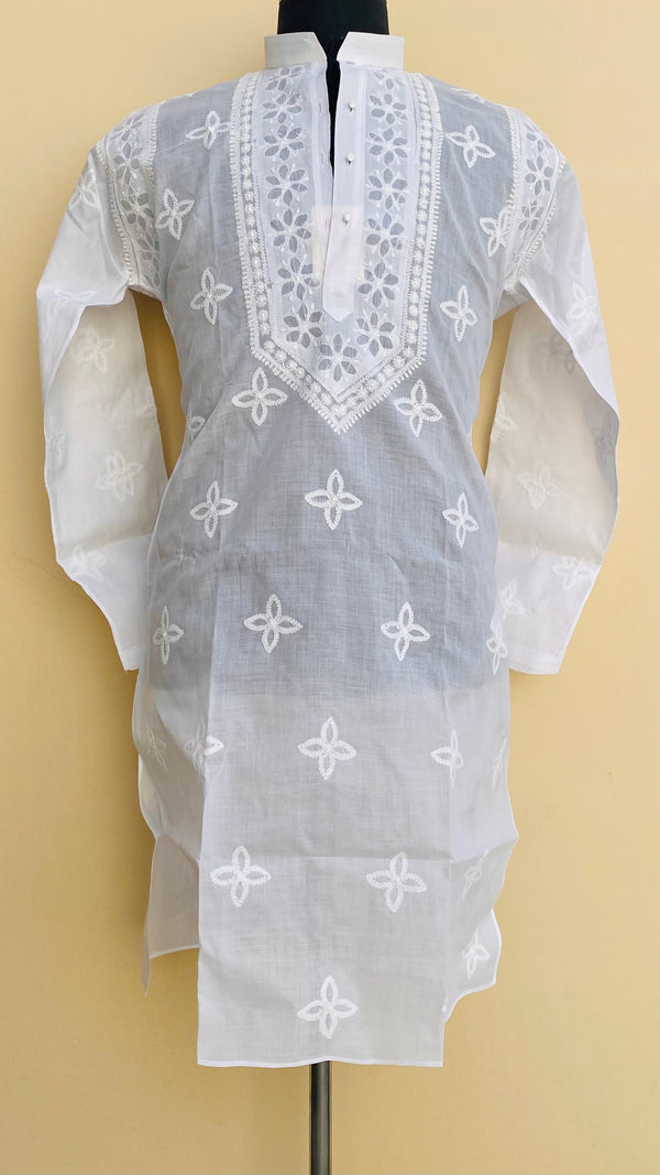 Lucknowi Chikankari Men’s Kurta White On White Cotton With Applique Work