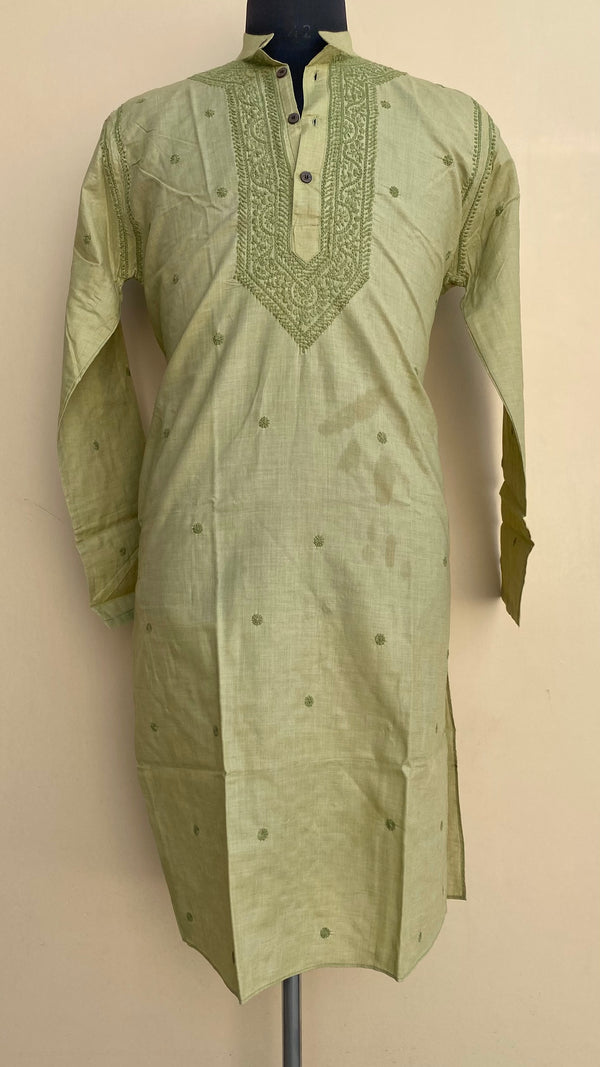 Lucknowi Chikankari Men’s Kurta Mehandi Green Cotton
