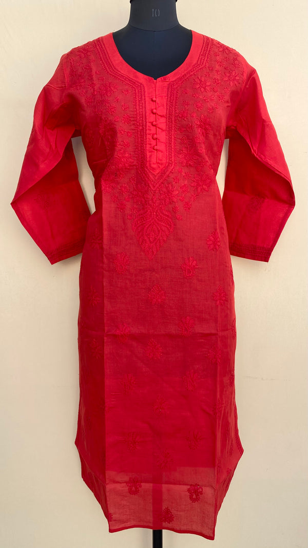 Lucknowi Chikankari Kurti Red Cotton with Self work