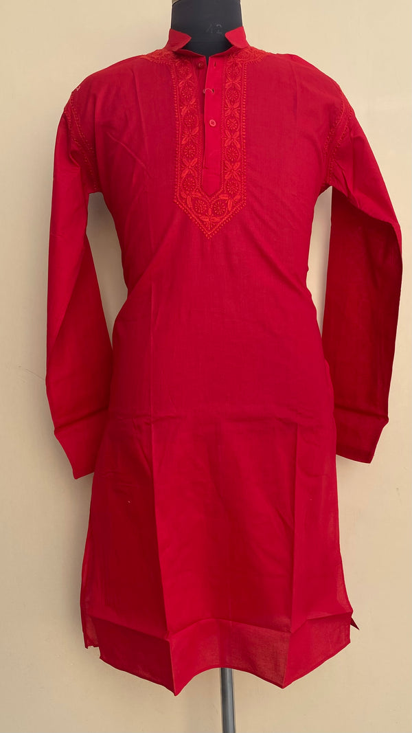 Lucknowi Chikankari Men’s Kurta Red Cotton