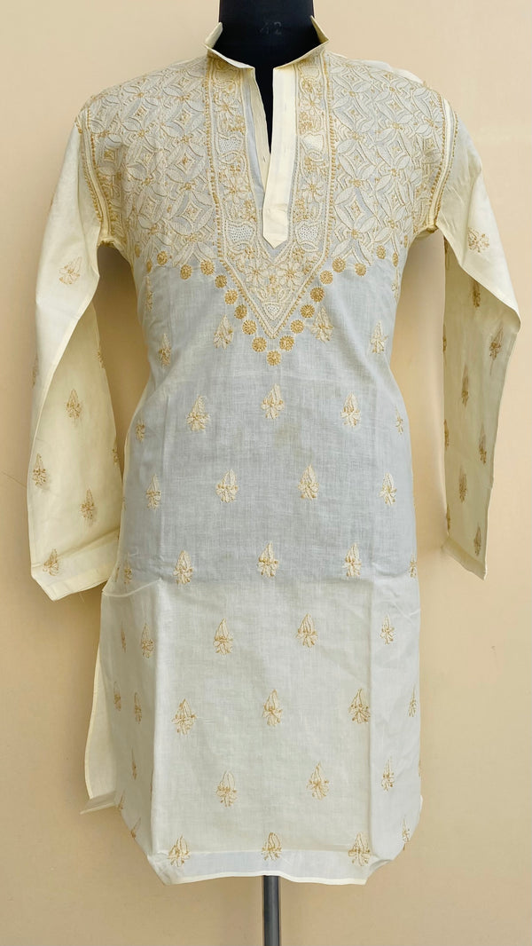 Lucknowi Chikankari Men’s Kurta Cream Cotton With Jali Work