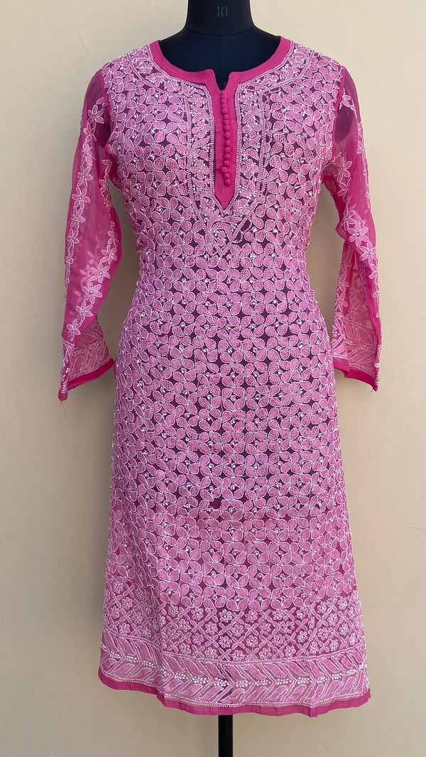 Lucknowi Chikankari Kurti Pink Faux Georgette