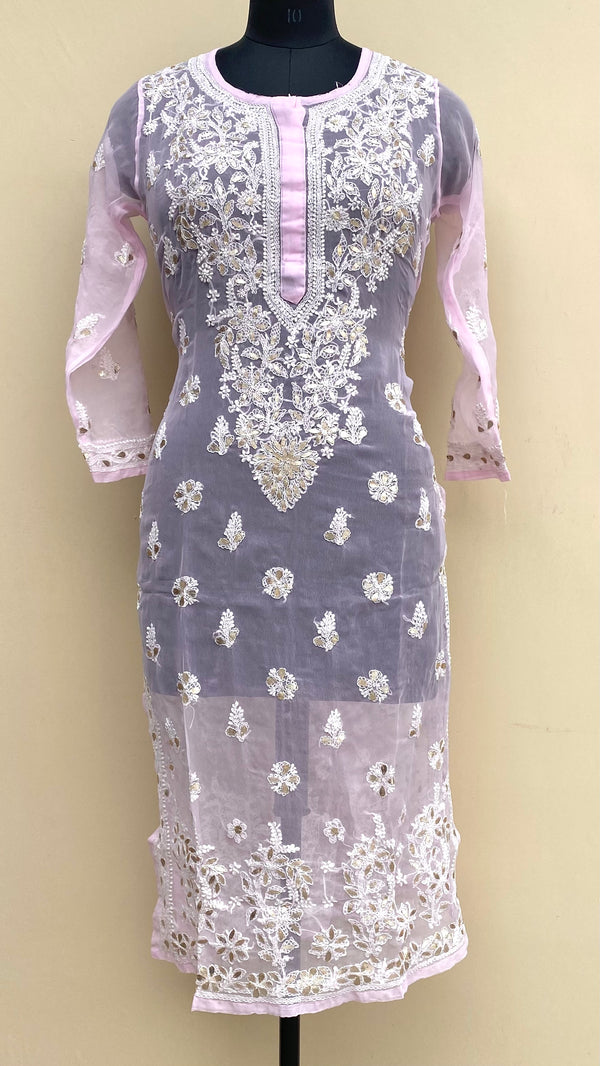 Lucknowi Chikankari Kurti Pink Faux Georgette With Gotta Patti Work