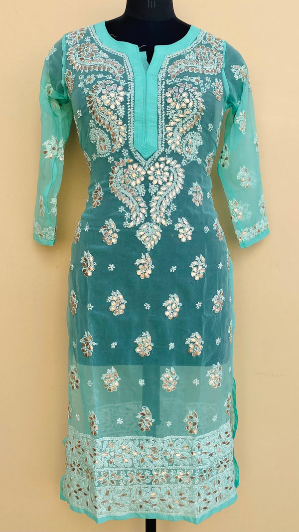 Lucknowi Chikankari Kurti Sea Green Faux Georgette With Gotta Patti Work