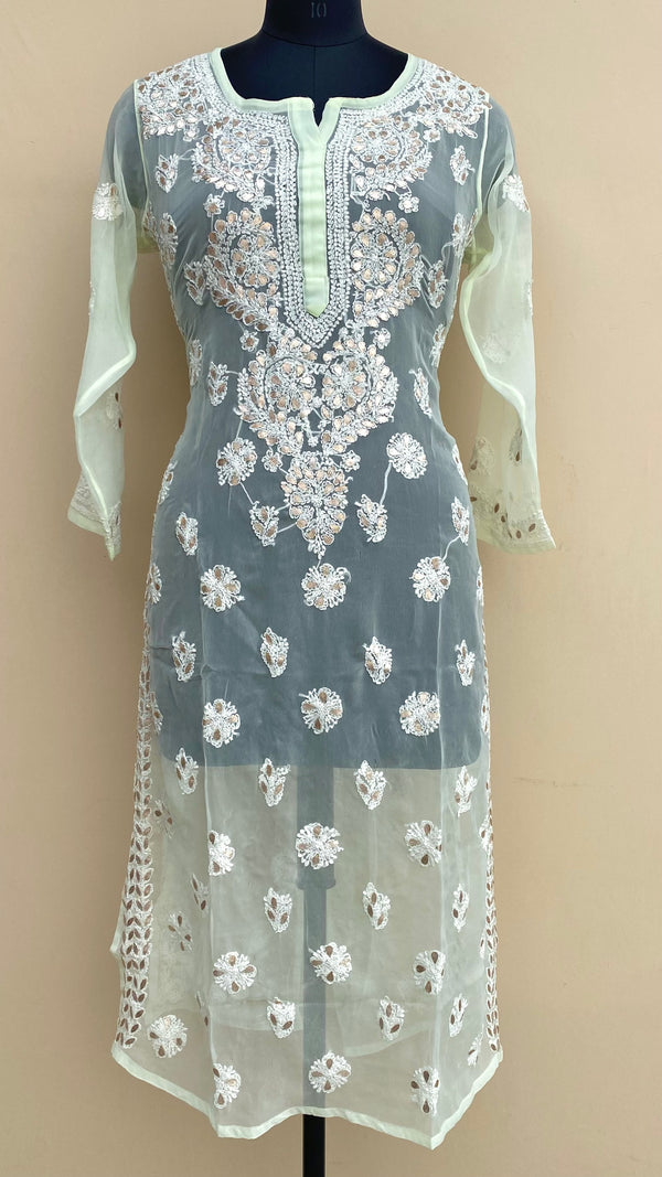 Lucknowi Chikankari Kurti Mint Green Faux Georgette With Gotta Patti Work