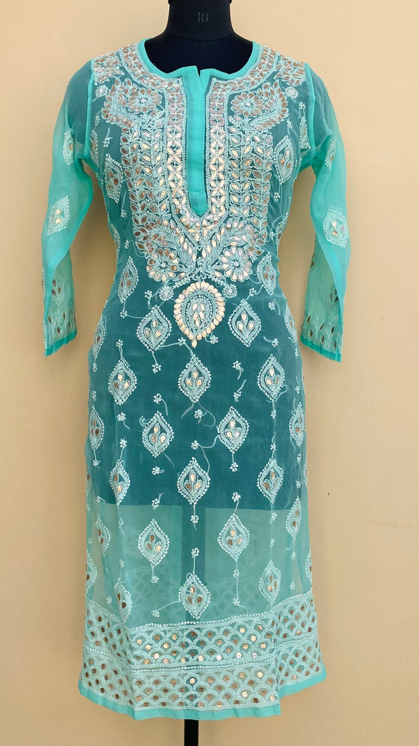 Lucknowi Chikankari Kurti Sea Green Faux Georgette With Gotta Patti Work