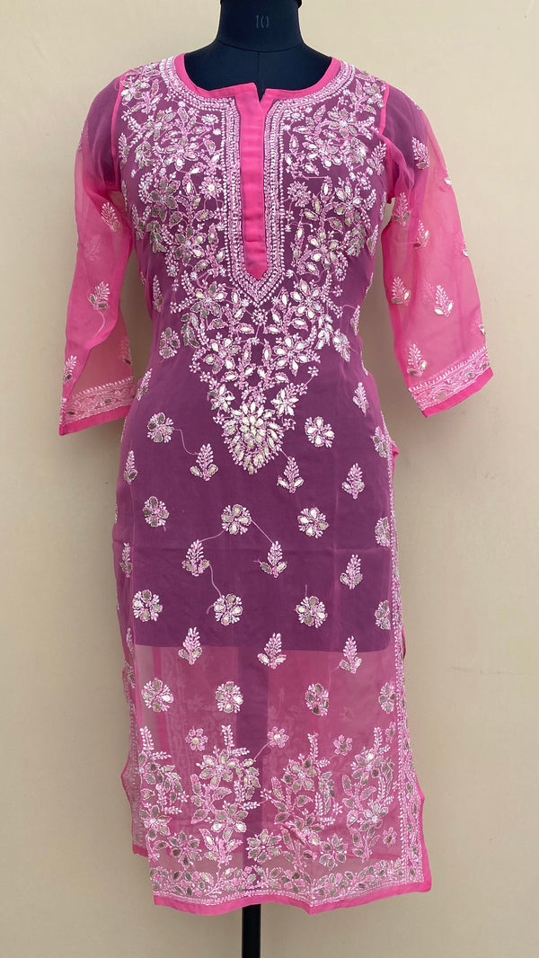 Lucknowi Chikankari Kurti Pink Faux Georgette With Gotta Patti Work