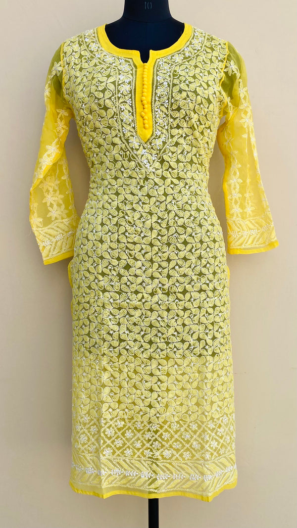 Lucknowi Chikankari Kurti Yellow Faux Georgette