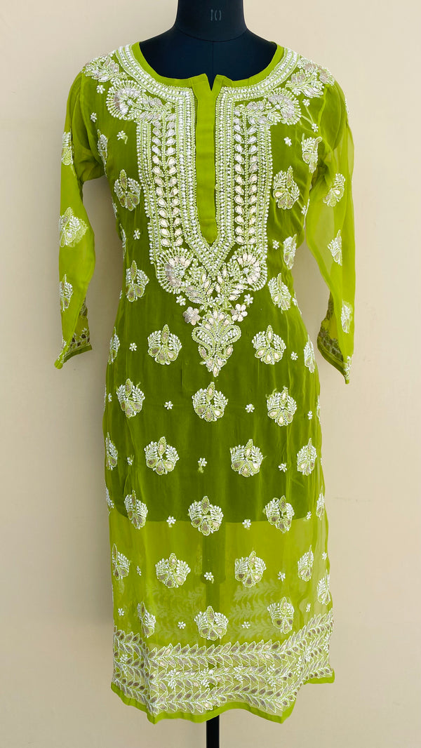 Lucknowi Chikankari Kurti Green Faux Georgette With Gotta Patti Work