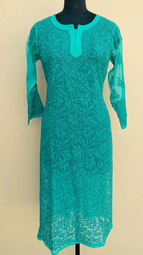 Lucknowi Chikankari Allover Front & Back Jaal Kurti Sea Green Georgette with Self work