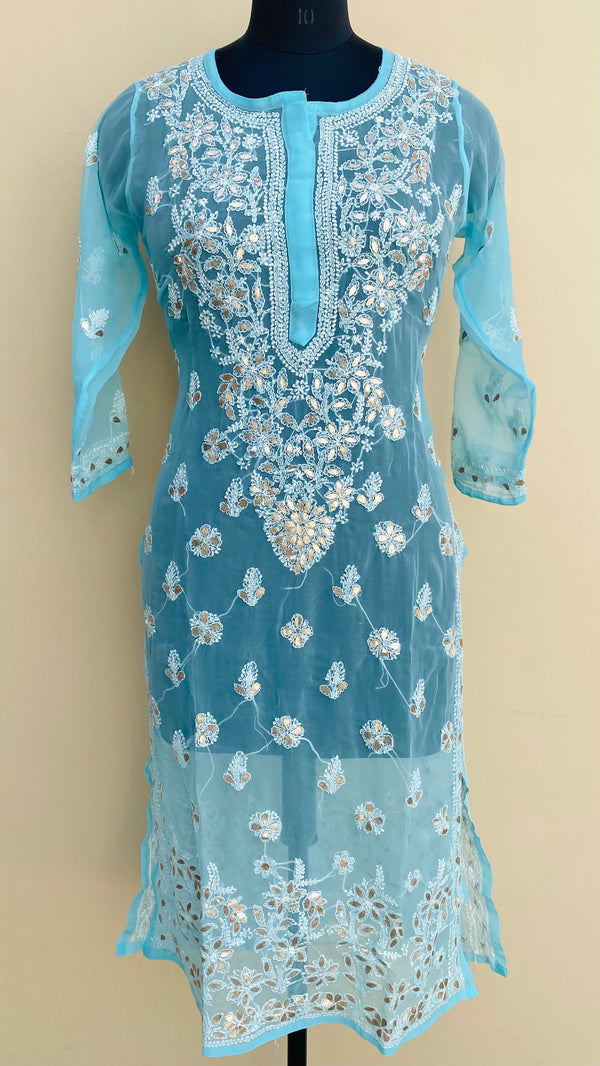 Lucknowi Chikankari Kurti Blue Faux Georgette With Gotta Patti Work