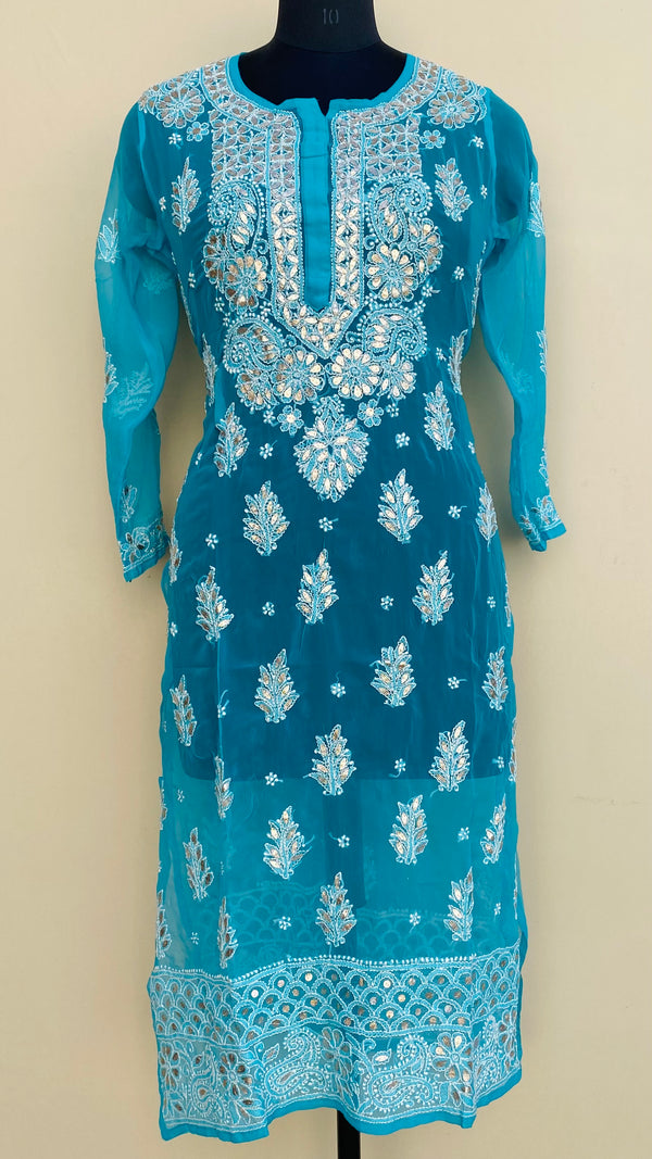 Lucknowi Chikankari Kurti Blue Faux Georgette With Gotta Patti Work