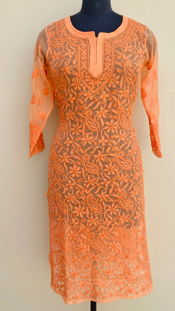 Lucknowi Chikankari Allover Front & Back Jaal Kurti Orange Georgette with Self work