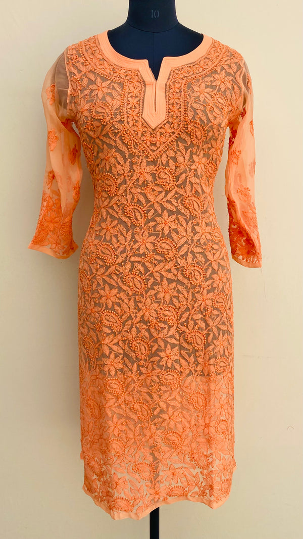 Lucknowi Chikankari Allover Front & Back Jaal Kurti Orange Georgette with Self work