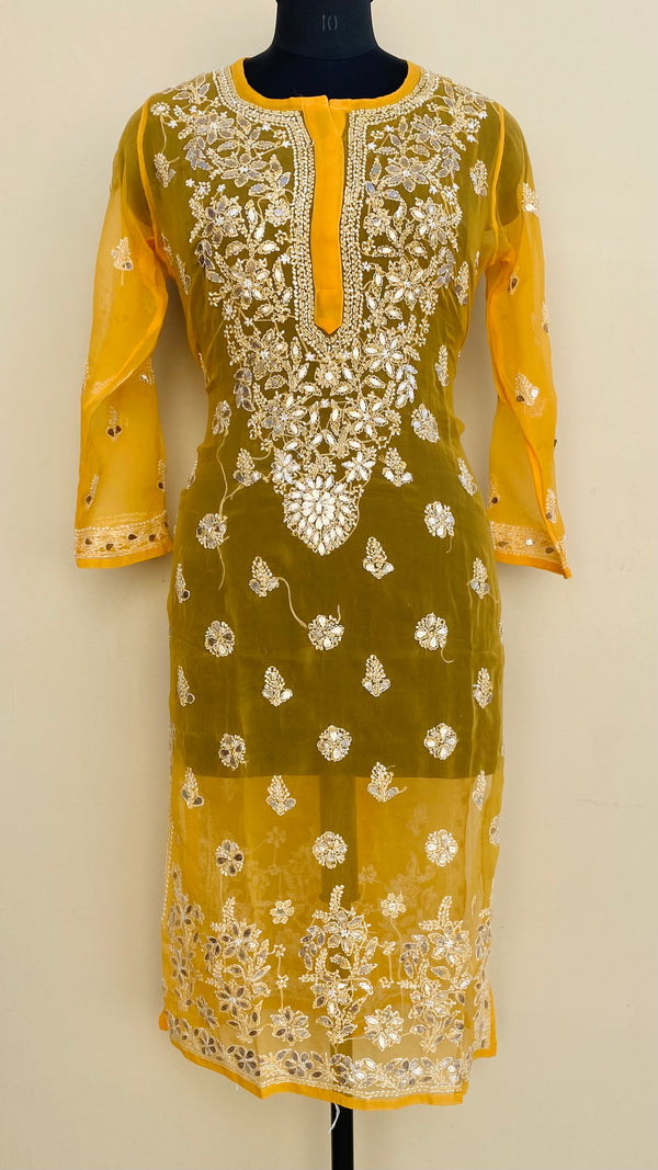 Lucknowi Chikankari Kurti Mustard Faux Georgette With Gotta Patti Work