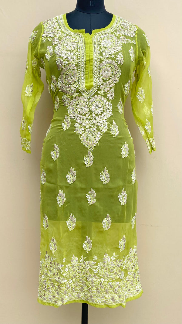 Lucknowi Chikankari Kurti Green Faux Georgette With Gotta Patti Work