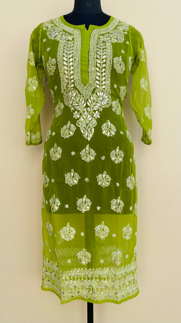 Lucknowi Chikankari Kurti Green Faux Georgette With Gotta Patti Work