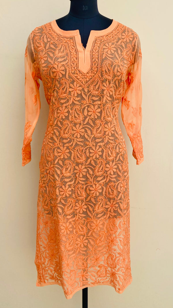 Lucknowi Chikankari Allover Front & Back Jaal Kurti Orange Georgette with Self work