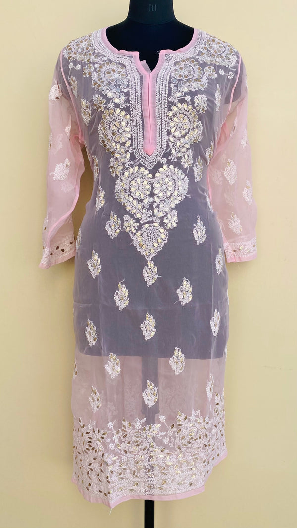 Lucknowi Chikankari Kurti Pink Faux Georgette With Gotta Patti Work