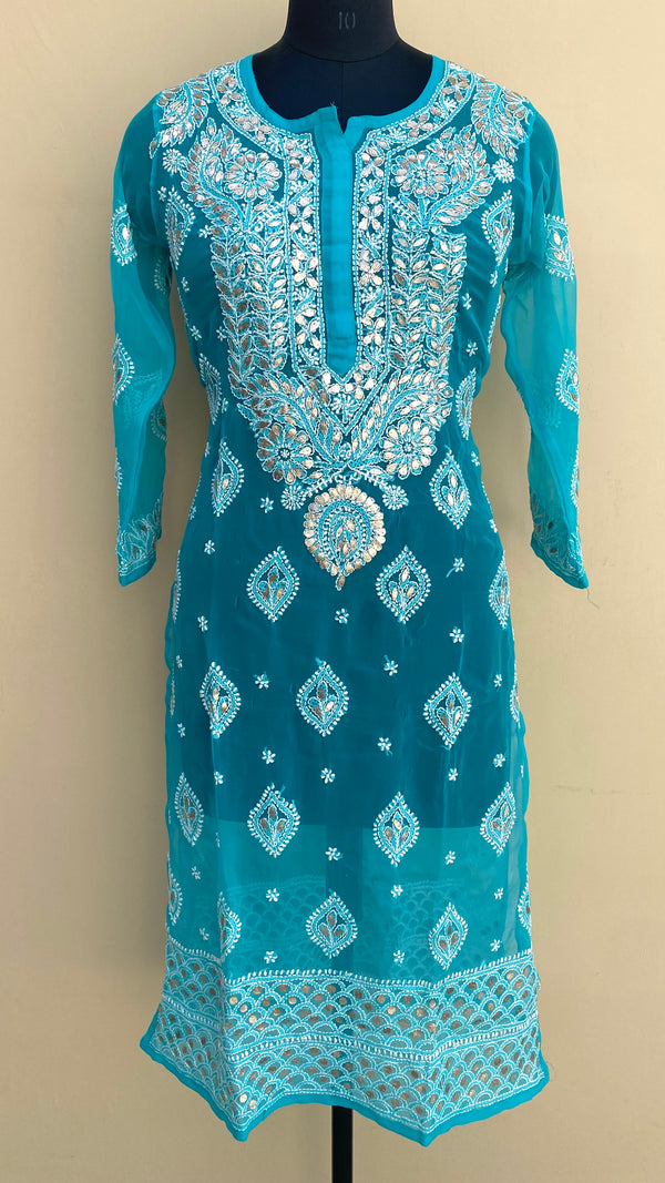 Lucknowi Chikankari Kurti Blue Faux Georgette With Gotta Patti Work