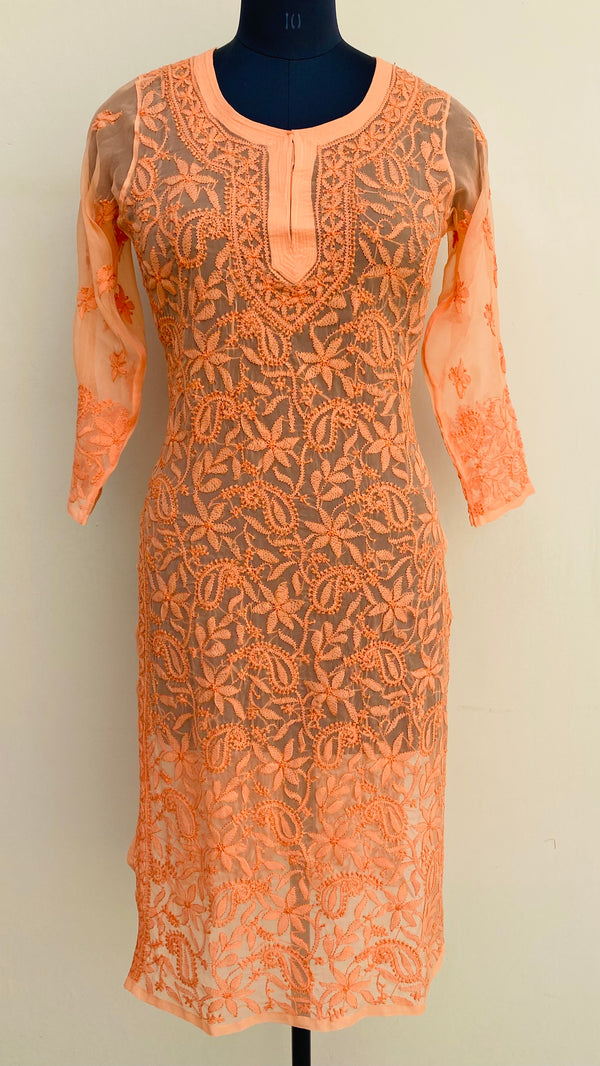 Lucknowi Chikankari Allover Front & Back Jaal Kurti Orange Georgette with Self work