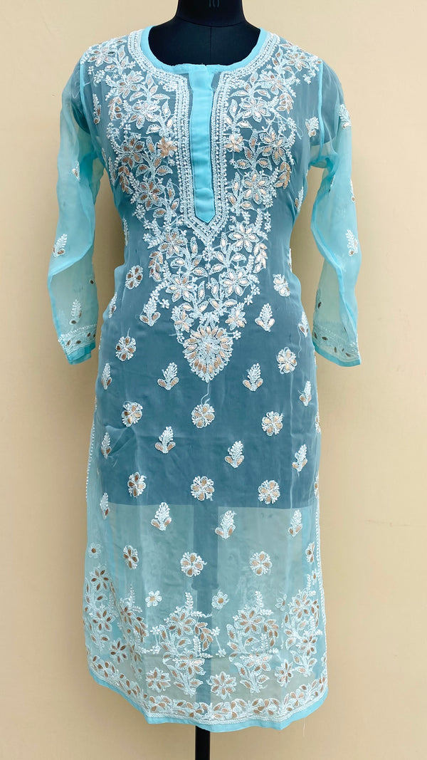 Lucknowi Chikankari Kurti Blue Faux Georgette With Gotta Patti Work