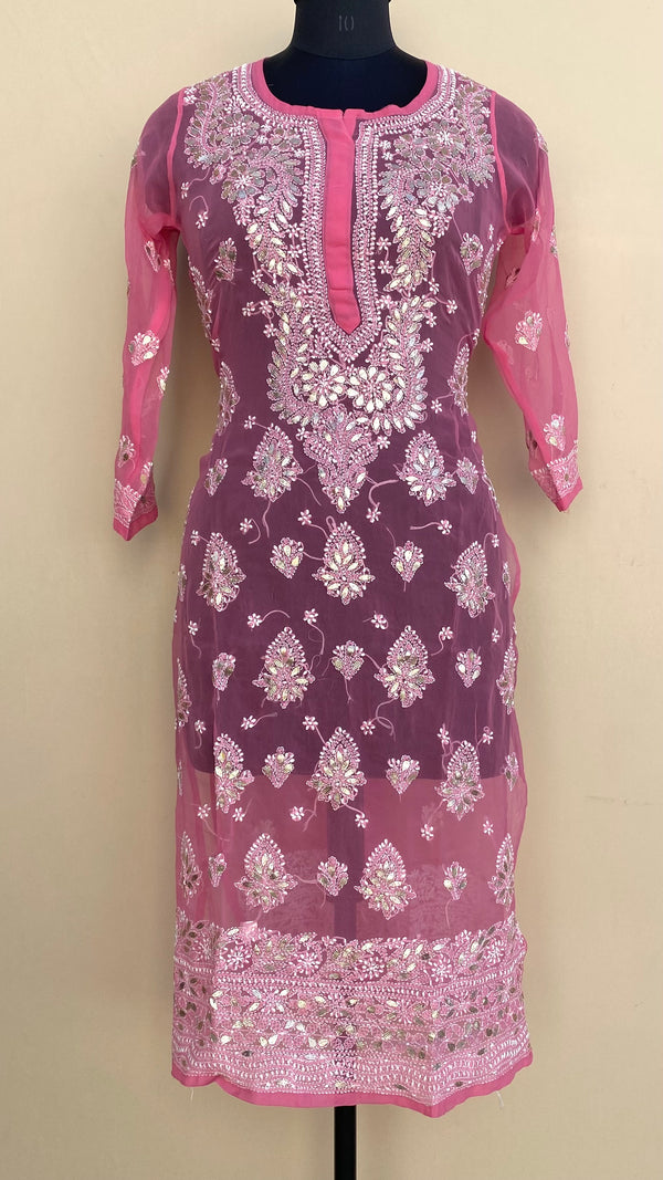 Lucknowi Chikankari Kurti Pink Faux Georgette With Gotta Patti Work