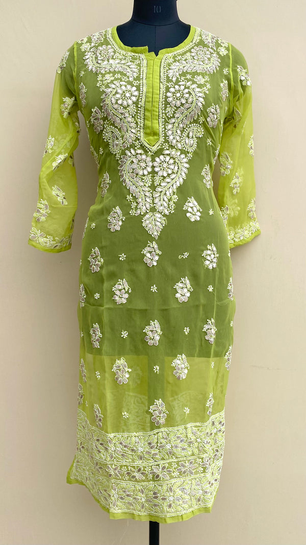 Lucknowi Chikankari Kurti Green Faux Georgette With Gotta Patti Work