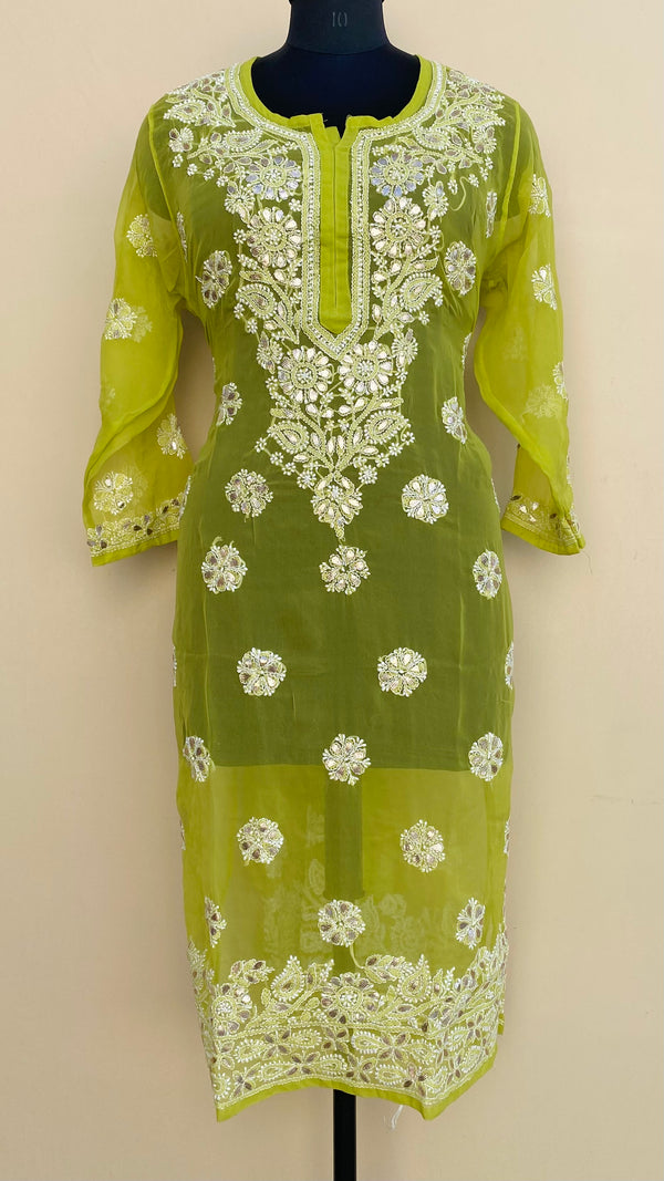 Lucknowi Chikankari Kurti Green Faux Georgette With Gotta Patti Work