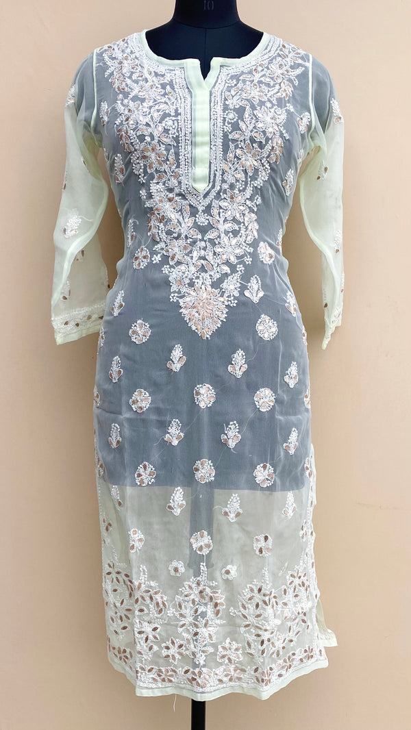 Lucknowi Chikankari Kurti Mint Green Faux Georgette With Gotta Patti Work