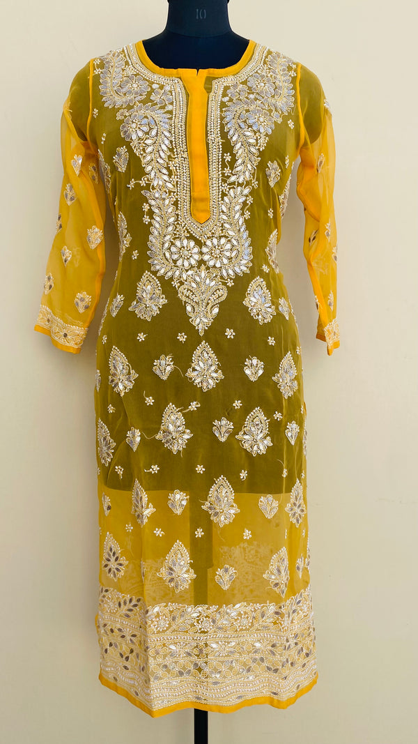 Lucknowi Chikankari Kurti Mustard Faux Georgette With Gotta Patti Work