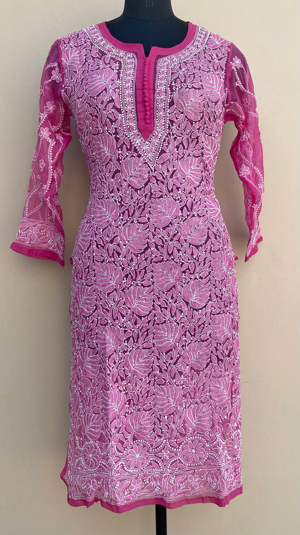 Lucknowi Chikankari Kurti Pink Faux Georgette