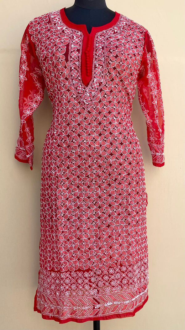 Lucknowi Chikankari Kurti Red Faux Georgette