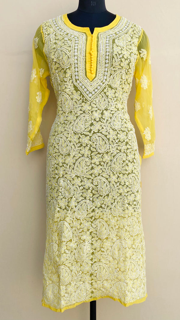 Lucknowi Chikankari Kurti Yellow Faux Georgette
