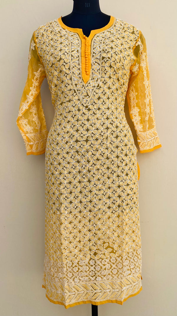Lucknowi Chikankari Kurti Yellow Faux Georgette