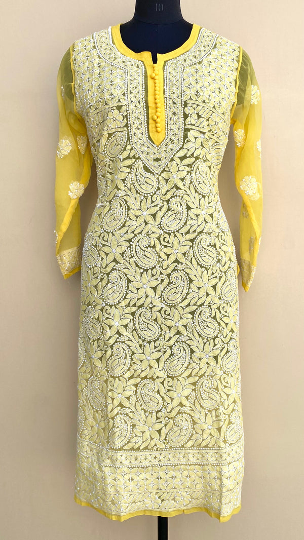 Lucknowi Chikankari Kurti Yellow Faux Georgette