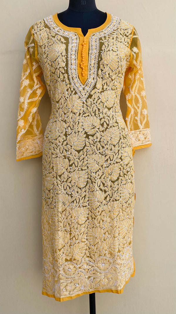 Lucknowi Chikankari Kurti Mustard Faux Georgette