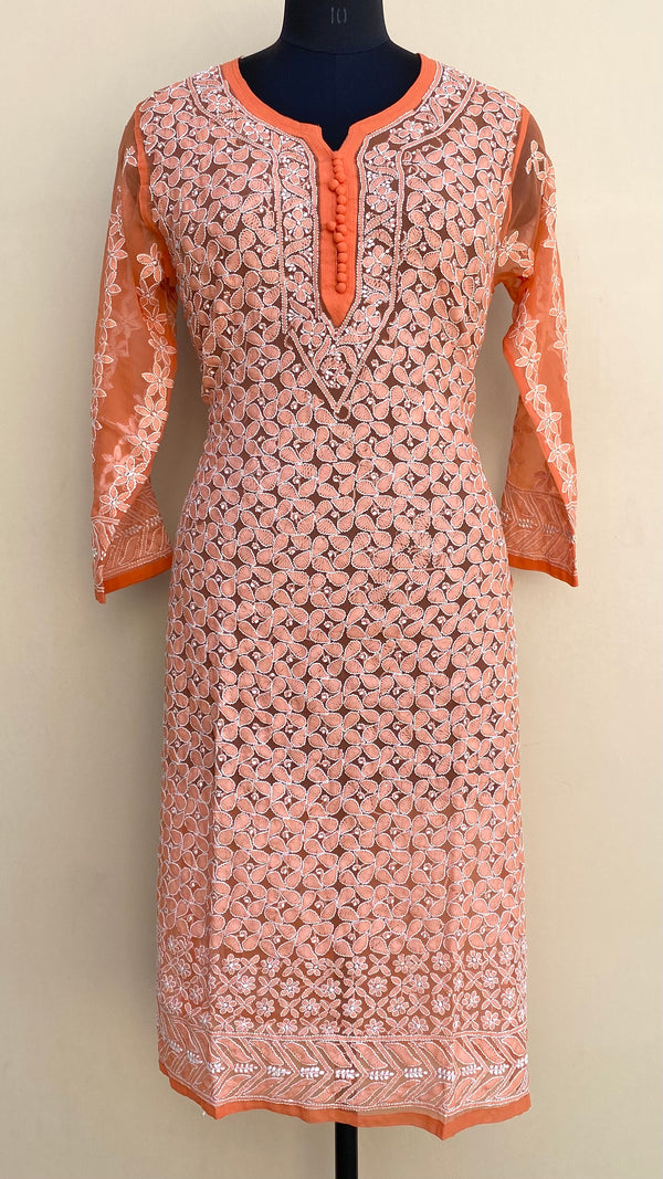 Lucknowi Chikankari Kurti Orange Faux Georgette